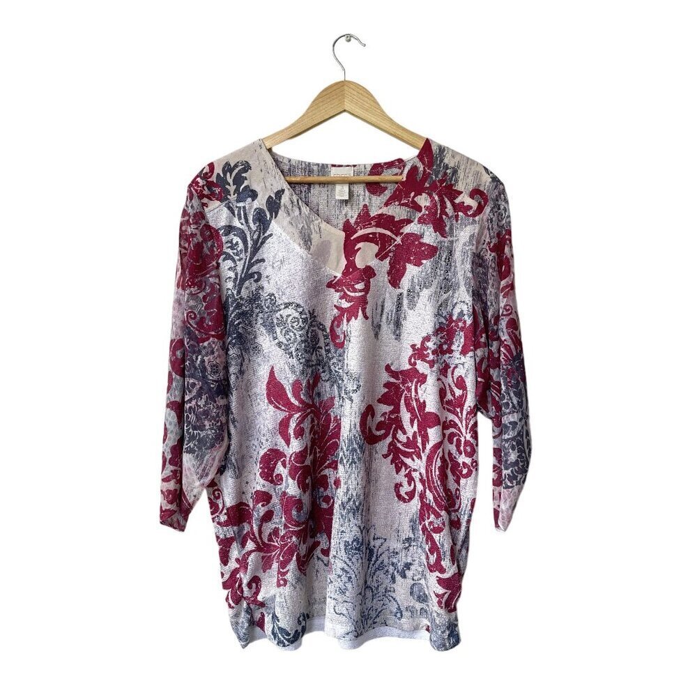 Chico's Paisley Top XL Long Sleeve Dressy Red No Iron Holiday V Neck‎ Blouse